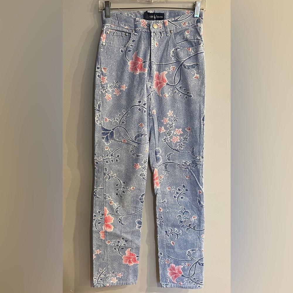 RALPH LAUREN Women's Light Blue Floral Print High Waist Straight Leg Jeans